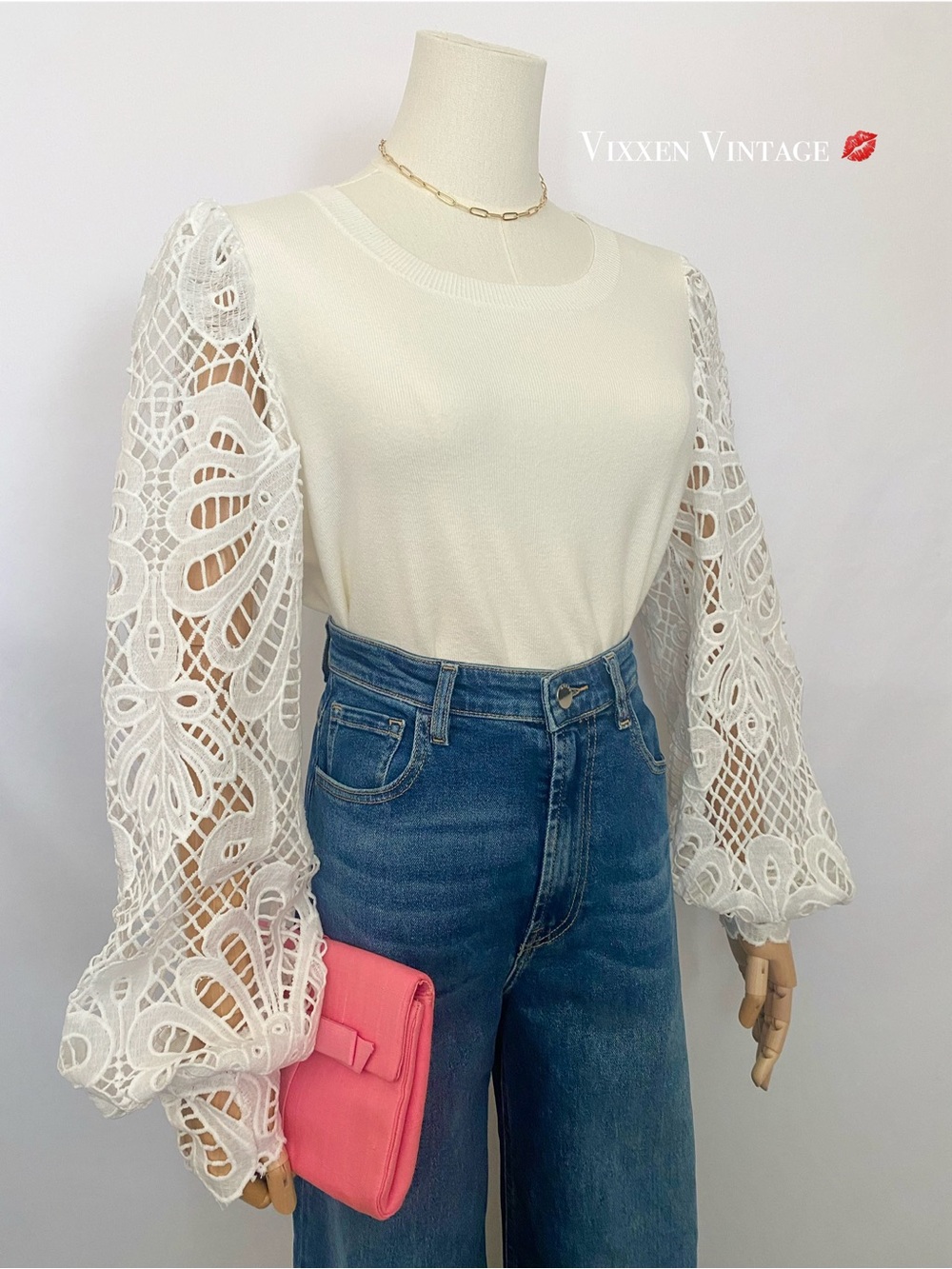 FATE ZIMMERMANN STYLE EYELET 'BRODERIE SLEEVE SWEATER' IN CREAM